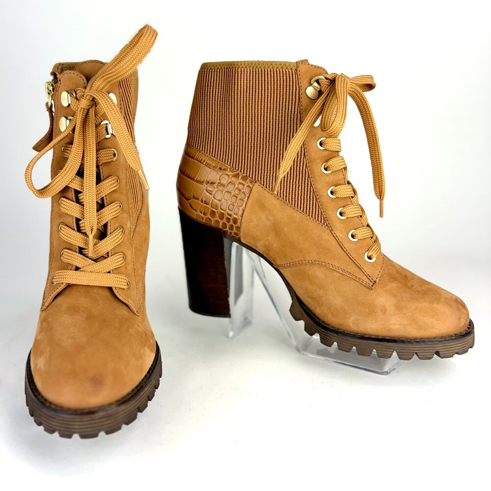 Gibson Latimer Tan Leather Lace-Up Ankle Boots 8M | Croc Heel, Side Zip